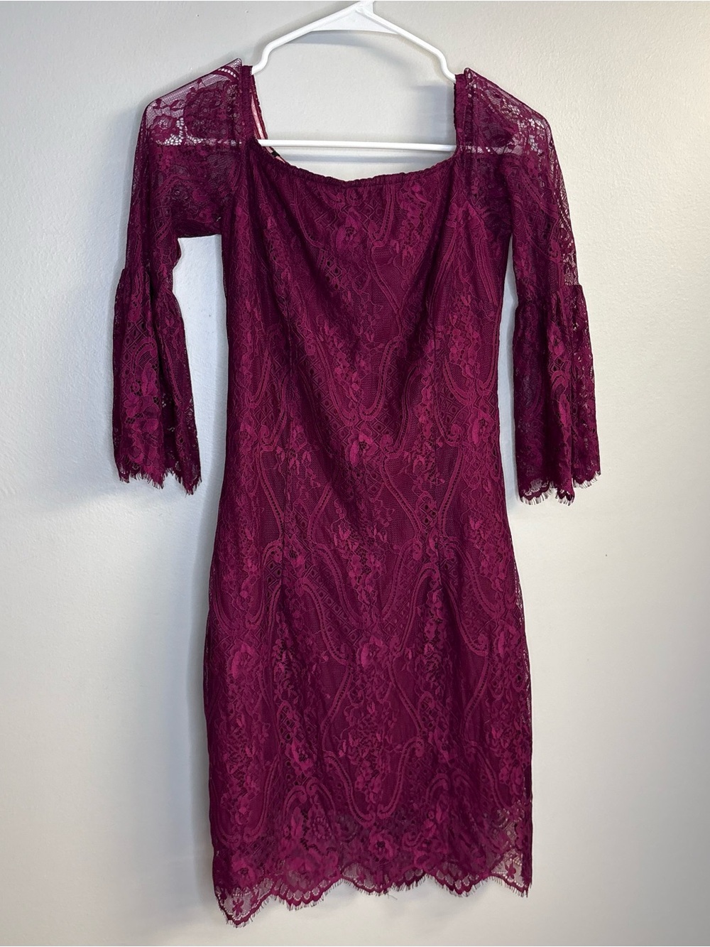 Off-Shoulder Lace Midi Dress in Burgundy